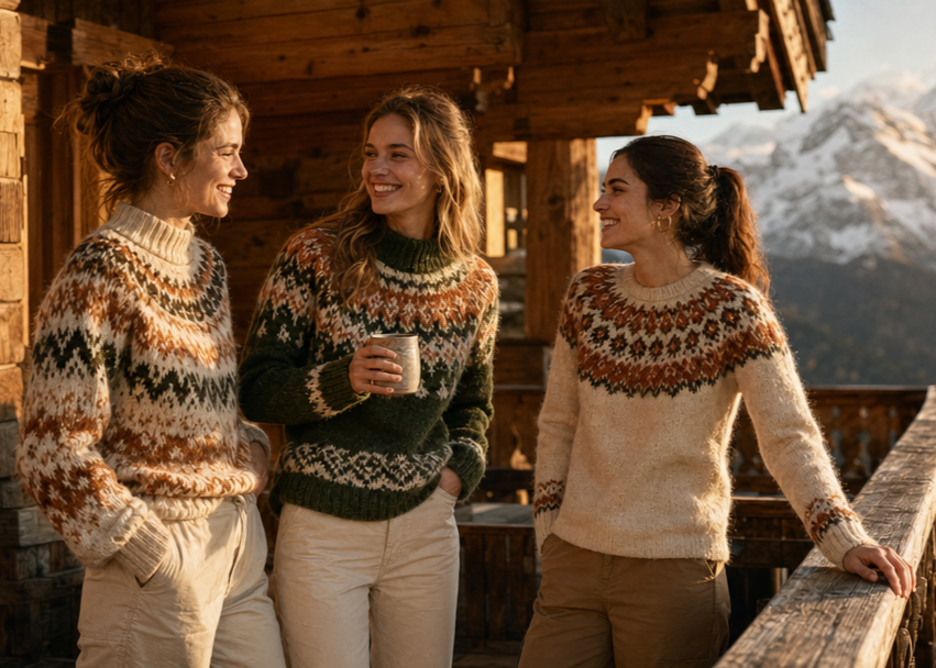 Three women in Nordic knit sweaters laughing on a mountain chalet deck at golden hour — alpine lifestyle campaign