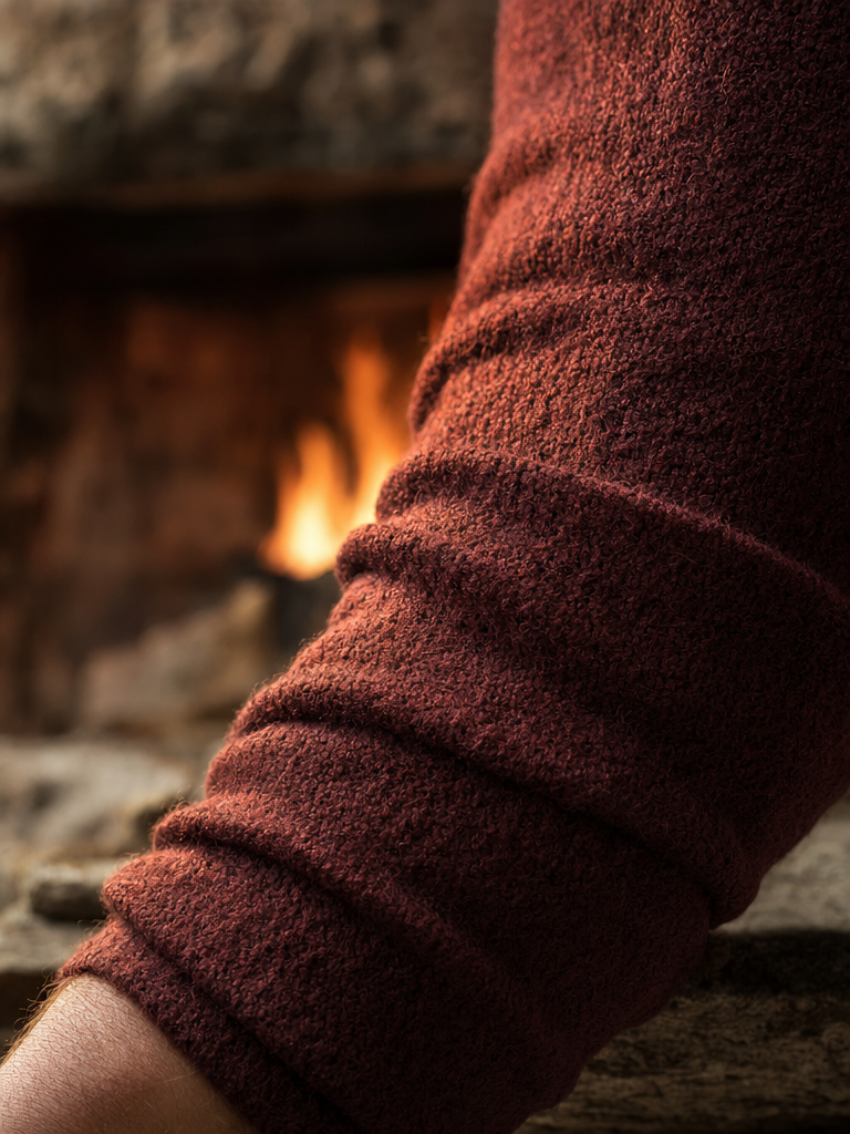 Cozy merino wool sock by the fireplace — winter lifestyle product shot