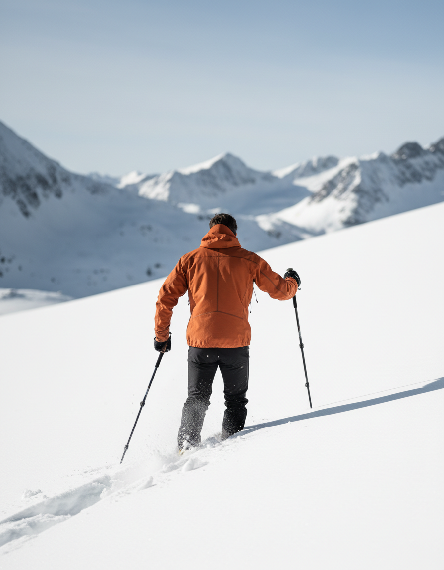 Skier in orange jacket trekking through fresh alpine snow