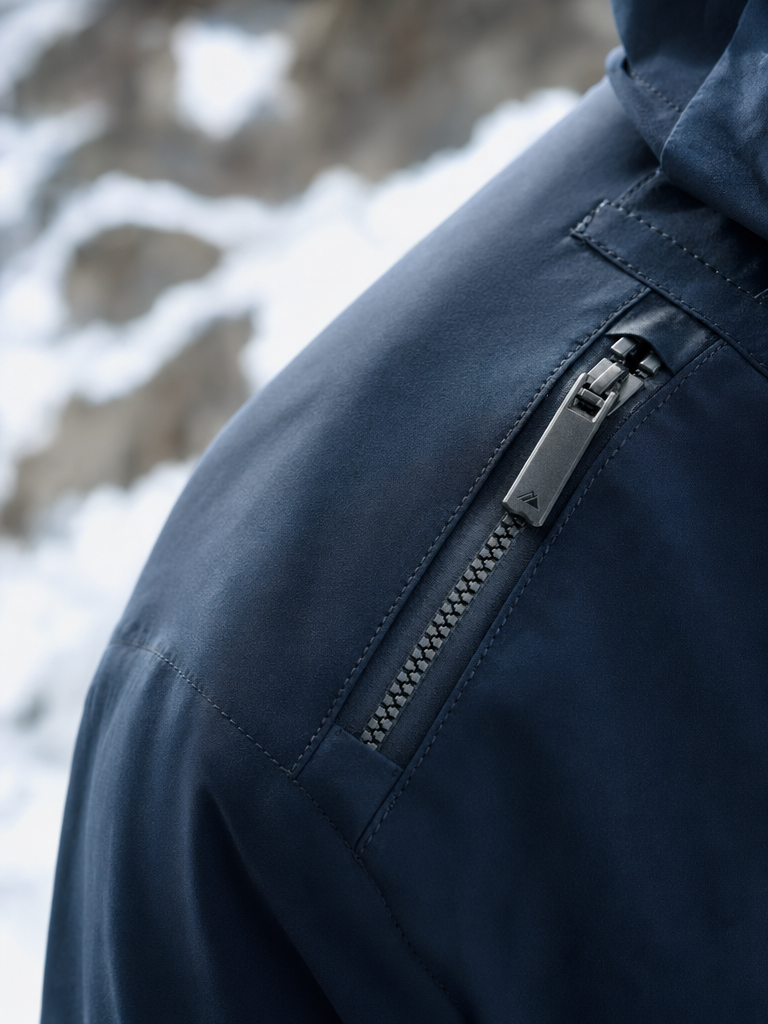 Close-up of navy winter jacket zipper detail against snowy backdrop — outerwear texture shot