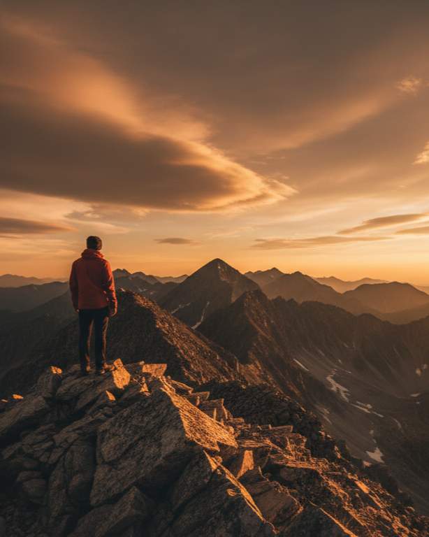 Hiker with red backpack standing on mountain summit at golden hour — alpine adventure lifestyle